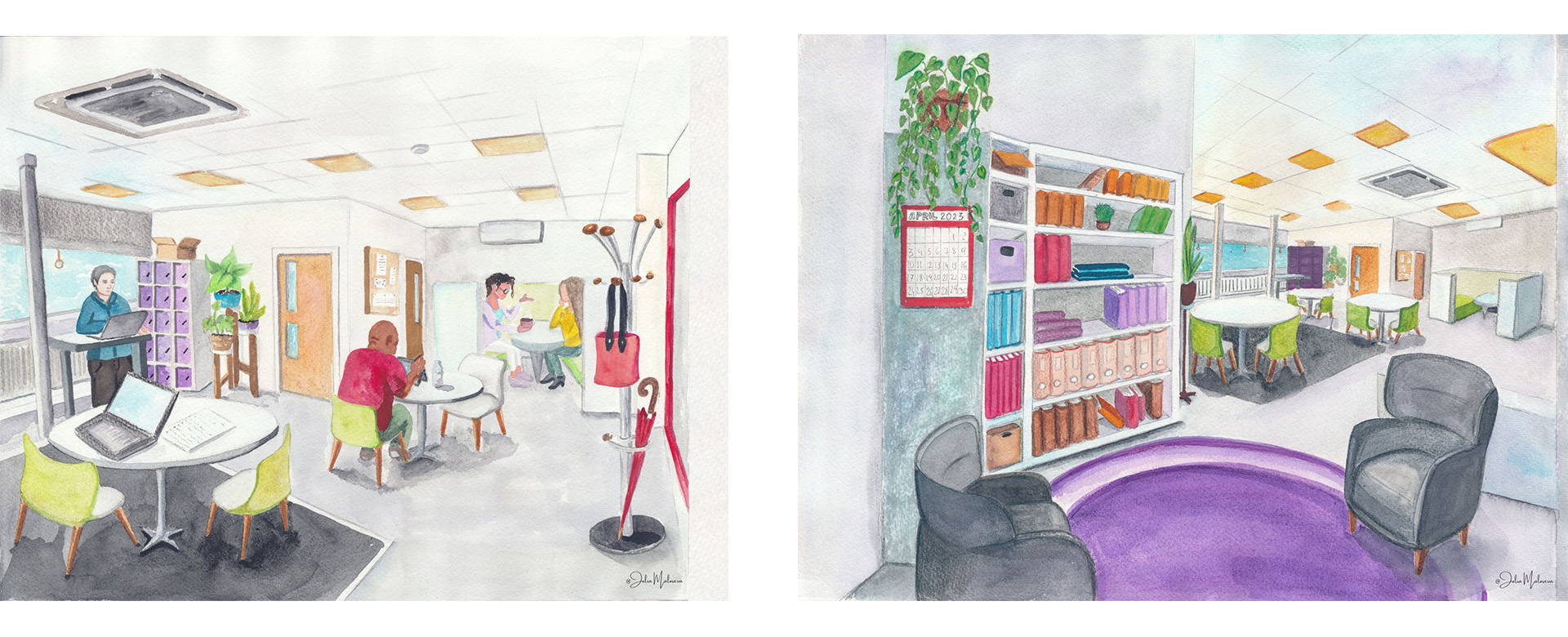 Illustrations of the Research Hub: 'Research Community Space' by third year BA (Hons) Illustration student Julia Maloseva.