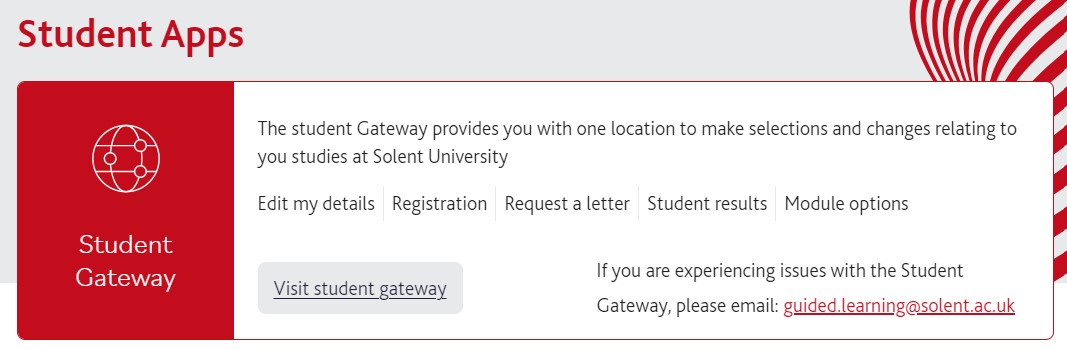 Screenshot of app on student portal