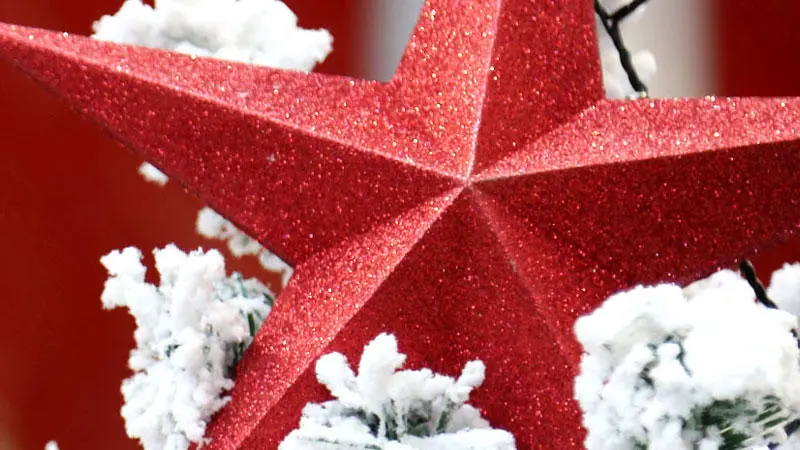 A red star on top of a Christmas tree dressed in snow.