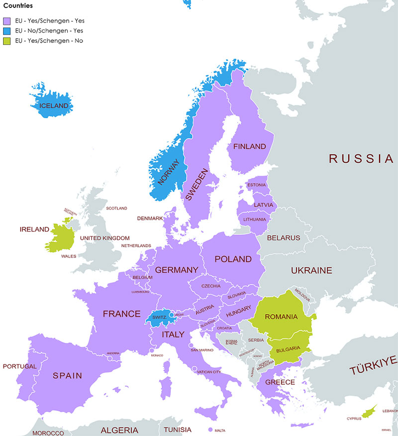 Map image showing Schengen countries in Europe