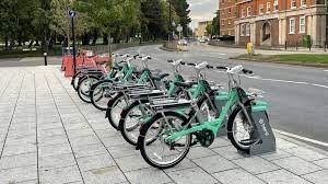A row of Beryl Bikes parked in a Southampton city location